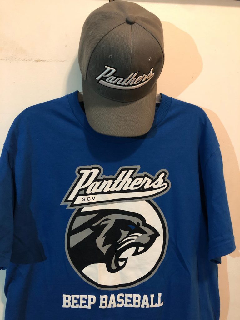 A gray Panthers baseball cap rests above a bright blue Panthers t-shirt with a black panther on the front.