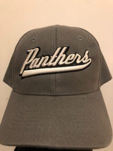 Charcoal grey baseball hat with the Panthers name across the front, embroidered in white