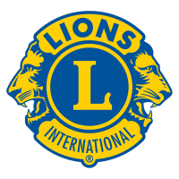 Blue and Yellow Lions Club Logo- Big yellow L in the center of blue circle, with lions heads on the left and right, Lions across the top and international across the bottom