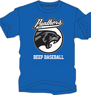 Digital rendering of bright blue Panthers Beep Baseball t-shirt with black panther on the front.
